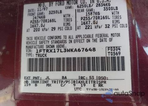 1998 Ford F-150 Lariat/Xl/Xlt from USA, damaged, VIN 1FTRX17L3WKA67648